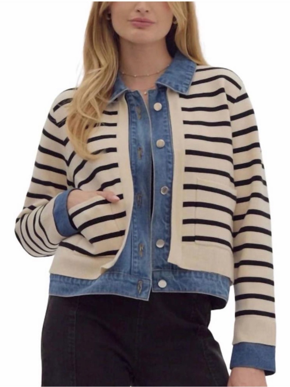 J Society Striped Jacket With Denim Trim Cream Blue Size XS